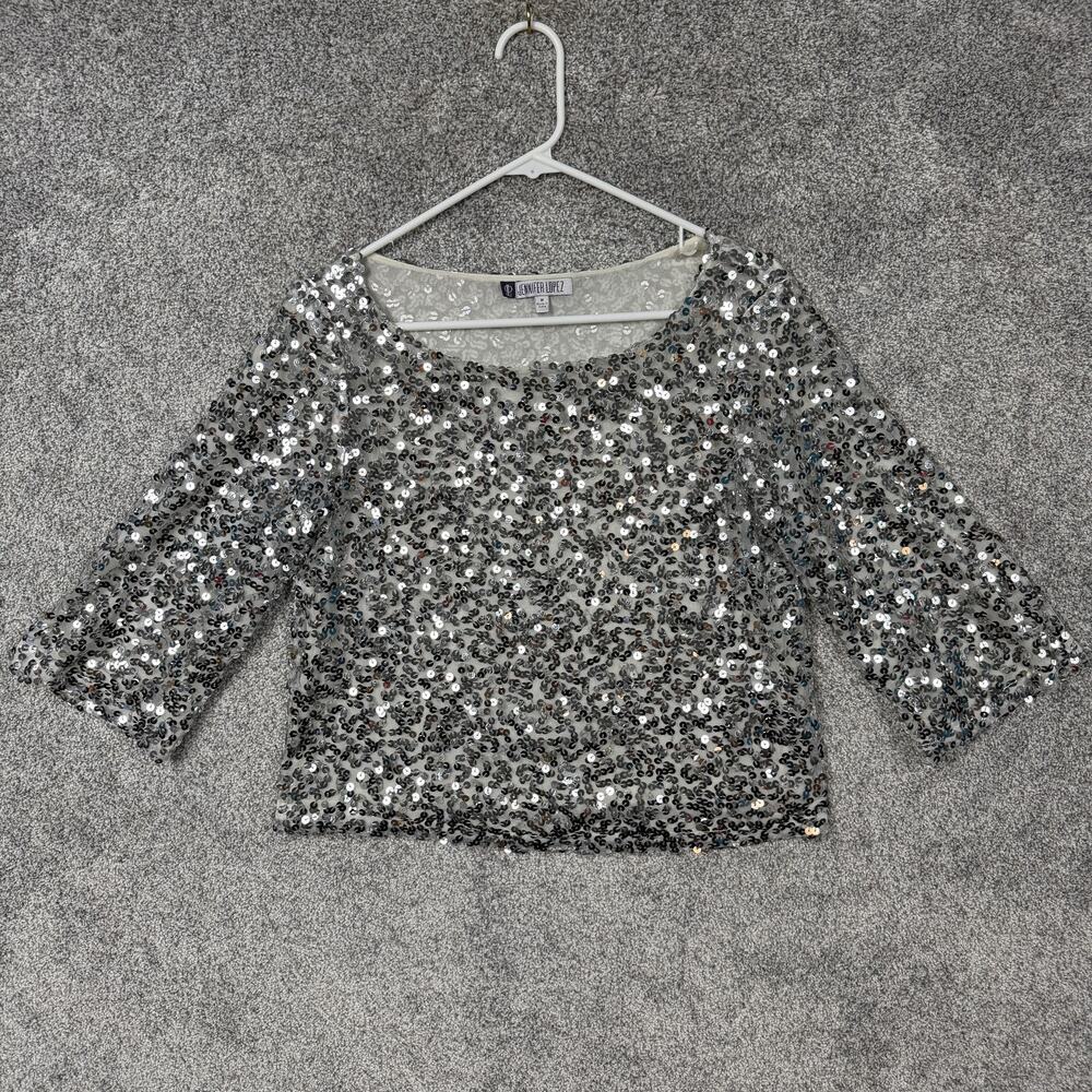 Jennifer Lopez Blouse M Silver Sequin Mesh Lined Y2K Party Glam Sparkle Clubwear